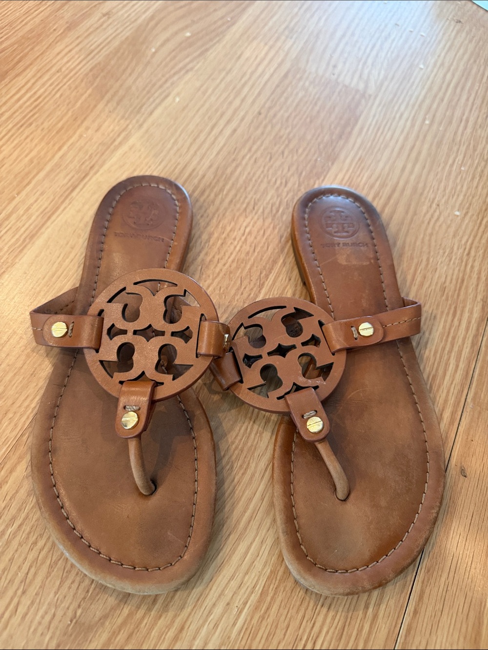 Tory Burch Tan Leather Miller Thong Sandals with Gold Hardware